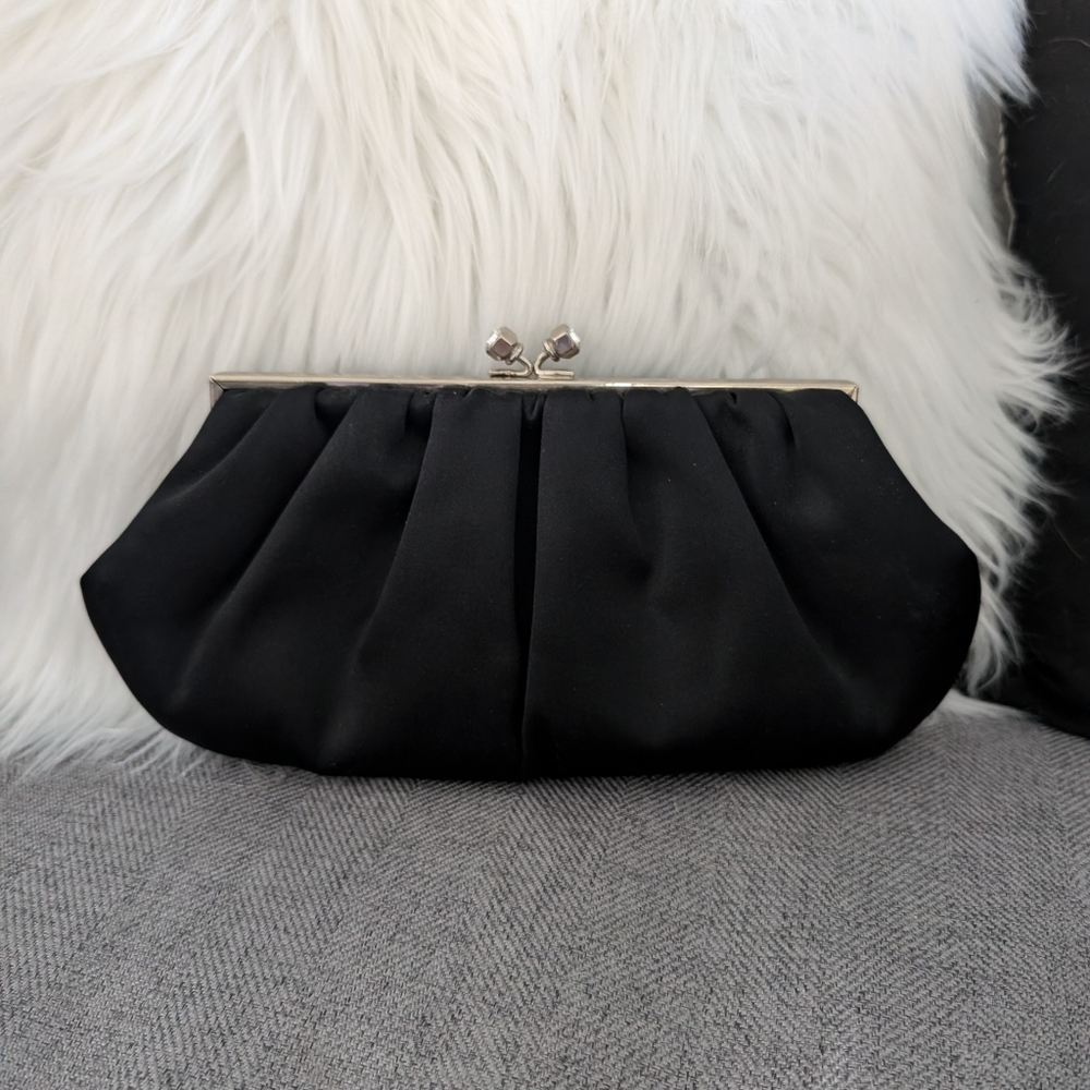 Vintage Nordstrom Satin Black Ruched Cocktail Clutch Purse